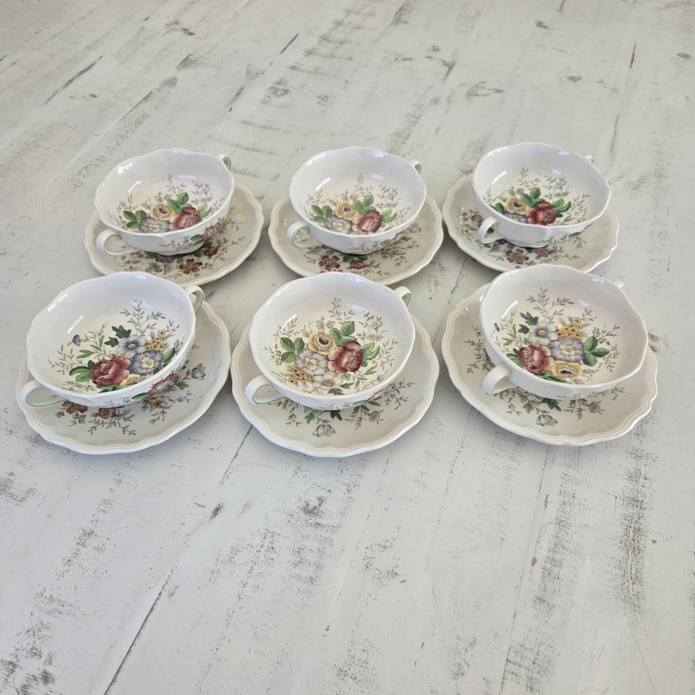 Set Of 6 Vintage Royal Doulton Malvern Footed Cream Soup Bowls & Saucers D6197